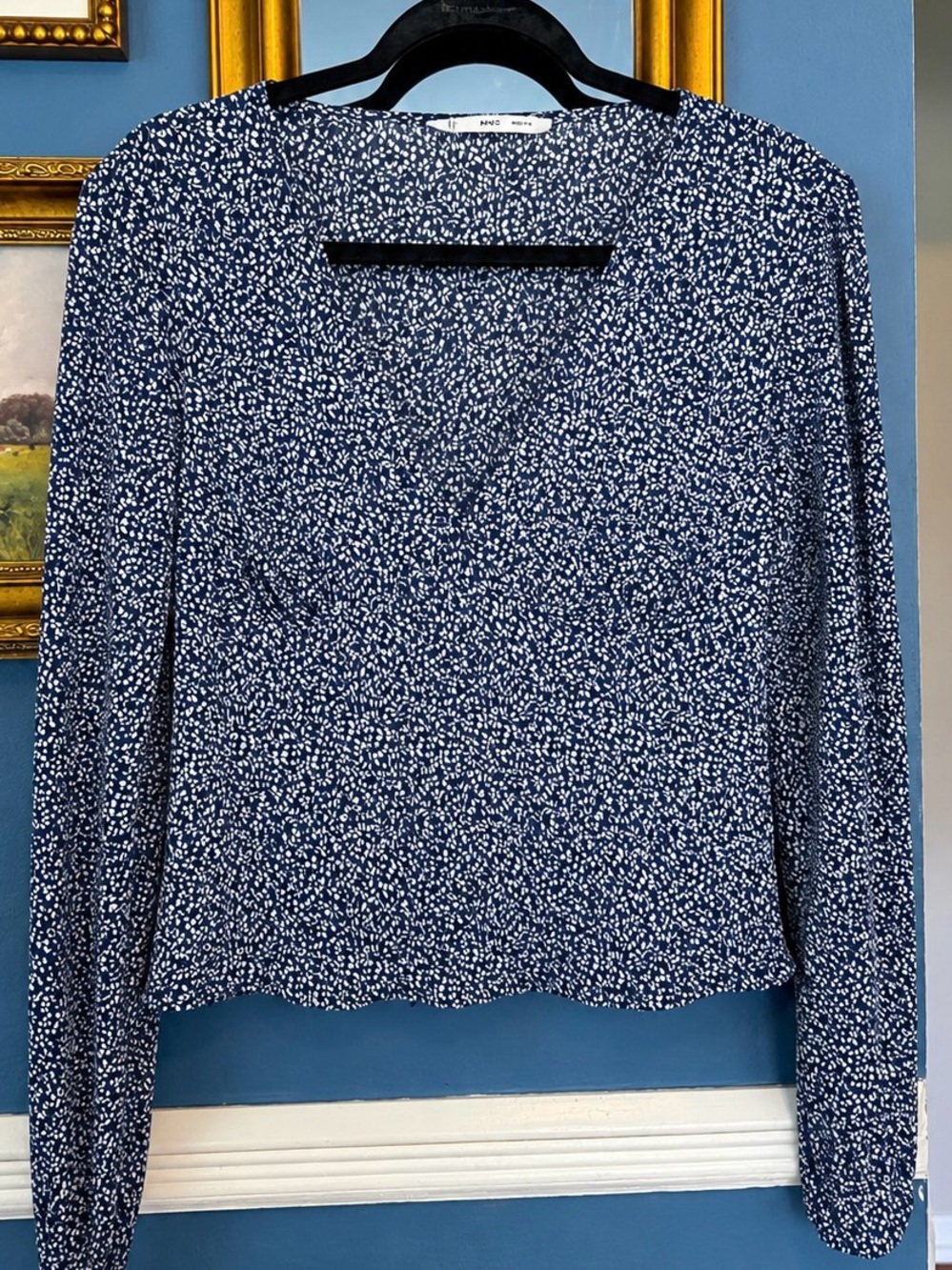 Mango Navy and White Printed V-Neck Long Sleeve Blouse